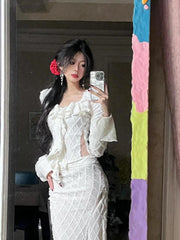 Hnewly Elegant French 2 Piece Skirt Set Women Autumn Y2k Long Sleeve Blouse + Midi Skirts Vintage Suits Korean Fashion Bodycon