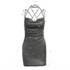 Hnewly Sparkling Pink Backless Strappy Dress European And American Fashion Sexy Women's Clothing