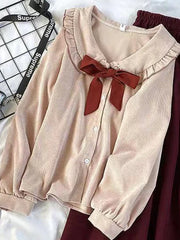 Hnewly spring birthday outfit Korean Girl Kawaii Suits Peter Pan Collar Tie Fashion Shirt High Waist + Slim Double Fungus Edge Retro Skirt Elegant Set