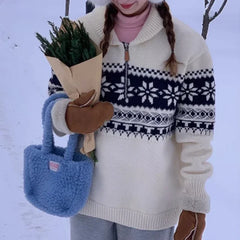 Hnewly Fair Isle Sweater for Women Cozy Knitwear Polo Collar Quarter Zip Knitted Pullover Jumper Ladies Autumn Winter Vintage Outfit