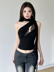 Hnewly Irregular Design Blouse Women Casual Sleeveless Sexy Lace Patchwork Y2k Crop Top Korean Fashion Shirts Black Gothic