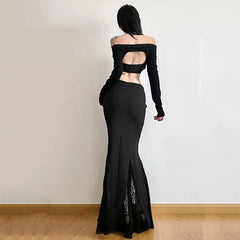 Hnewly Gothic Lace Patchwork Fisht Skirts Women Korean Sexy Slit Streetwear Black Midi Skirts Y2K High Waist All Match A Line Skirts