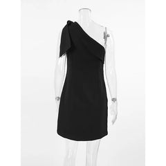 Hnewly One-Shoulder Mini Dresses Women New Black Straight Sleeveless Bow Simple Casual Summer Dress Woman Clothes