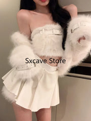 Hnewly Sexy 3 Piece Skirt Set Women Casual Long Sleeve Coat + Bodycon Tube Tops + Sweet Mini Skirt Evening Party Clothing Autumn