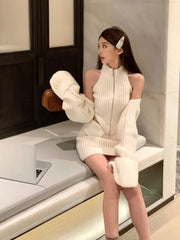 Hnewly Elegant Knitted Clothing 3 Piece Set Casual Short Cardigan + Slim Vest + Sexy Y2k Mini Skirt Korean Fashion Suit Winter
