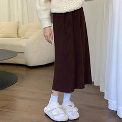 Hnewly Elastic High Waist A-Line Skirts Women Autumn Winter Loose Ribbed Knitted Skirts for Woman Casual Solid Color Sweater Skirt Lady