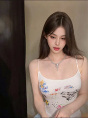 Hnewly Sexy Camis Women Sweet Cartoon Printed Slim Backless Summer Fashion 2025 Crop Tank Tops Party Clubwear Casual Top