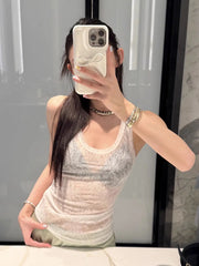 Hnewly Pure Desire Micro Transparent Lace Strap Vest Women's Spring New Thin Style Sexy Look Thin Spicy Girl Top