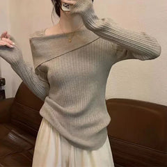 Hnewly trashy outfits Solid Sexy Slim Off Shoulder Slash Neck Long Sleeve Knitting Sweater Women Jumpers Office Fashion New