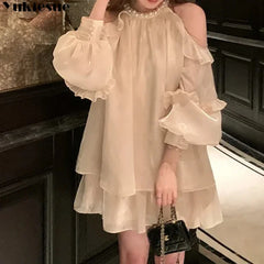 Hnewly DRESS TO IMPRESS Women Chiffon Dresses Summer New French Style Solid Fashion Sexy Off-the-shoulder Long Puff Sleeve Ruffles Simple Dress