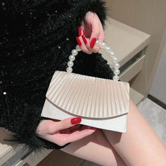 Hnewly Beige Pleated Handbag Women Pearl Handle Flap Shoulder Bag Ladies Elegant Fashion Banquet Desiqner Luxury Crossbody Bag New