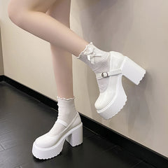 Hnewly Chunky Platform High Heels Pumps Women Autumn Pu Leather Ankle Buckle Mary Jane Shoes Woman Thick Heeled White Lolita Shoes