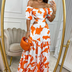 Hnewly Summer Women's Temperament Commuting Slim Fit Printing Sexy Hollow Off-Shoulder Maxi Evening Party Beach Long Dresses