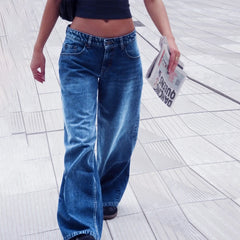 Hnewly Women Y2K Low Rise Baggy Jeans Retro Aesthetic Loose Fit Boyfriend Straight Wide Leg Jeans Trendy Stretch Long Denim Pants