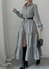 Hnewly Women's Autumn Temperament Check Shirt Dress Long Sleeve and Tiered Skirt Design Casual Fashion Cardigan Dress