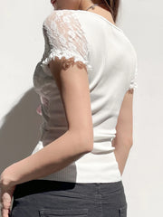 Hnewly Sweet Y2K Ruched Square Collar Lace Sleeve White T Shirt Women Pink Bow Cute Kawaii Balletcore Clothes