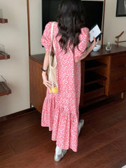 Hnewly Puff Sleeve Aesthetic Dresses for Women Summer Floral Printing Draped V-neck Harajuku Korean Style Spliced Sweet Girlish Retro