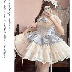 Hnewly Japanese Sweet Lolita Kawaii JSK Dress Women Lovely Ballet Princess Cake Dresses Harajuku Lace Bow Patchwork Mini Dress