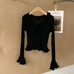 Hnewly Women's Ruffled Sweater Long Sleeve Slim Fit Rib Knit Top Pullover Jumper Ladies Knitwear Autumn Winter Fairycore Outfit