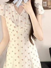Hnewly Woman Dresses Print Floral V Neck Spring Summer Elegant Vestidos Mujer Korean Fashion Versatile Sweet Long Dress