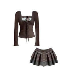 Hnewly 2025 spring fashion trend New Korean Lace Up Patchwork Sexy Slim Long Sleeved T-shirt Women + Floral Printed Casual Cake Skirt Two-piece Suit Chic