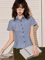 Hnewly Vintage American Plaid Shirt Women Slim Preppy Style Short Sleeve Blouse Casual Pocket Retro Female Single Breasted Tops