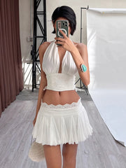 Hnewly Sexy 2Piece Set Women Y2K Patchwork Lace V-Neck Sleeveless Backless Folds Halter Tops+Wave Edge Skirt Matching Suit