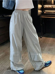 Hnewly Y2k Baggy Parachute Pants Women Vintage Wide Leg Pleated Cargo Trousers Joggers Casual Gray Oversized Summer Streetwear