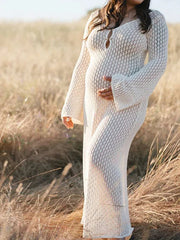 Hnewly Boho Knit Maternity Dress Bell Sleeve Crochet Pregnancy Gown for Photoshoot Baby Shower Maternity Photography Beach Dress