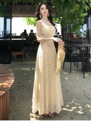 Hnewly Women's Sexy Hollow Lace Dresses 2025 Summer Elegant French Sling Floral A-Line Full Skirt Long Dress Fashion Holiday Vacation