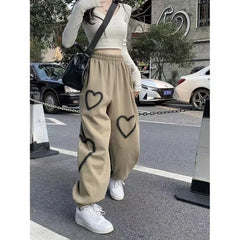 Hnewly White Heart Leggings Sports Pants for Women Autumn New Loose Bf Lazy Casual Pants Simple Sport Pants