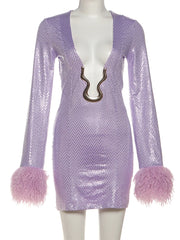 Hnewly Cutenew Y2K Sequin Dress Women Sexy Furry Patchwork Irregular Low Chest Metal Decoration Christmas Birthday Stretch Slim Bodycon