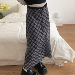 Hnewly Preppy Style Plaid Print Mesh Skirt Casual All-match Loose A-line Long Skirts for Women Summer Retro Skirt Korean Fashion