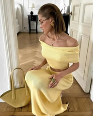 Hnewly Elegant Solid Knitted Elastic Waist Slim Maxi Skirt Suits Women Chic Sleeveless Off Shoulder Shawl Top Set Lady High Street Wear