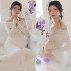 Hnewly Women Maternity Dress for Photoshoot White Elegant Off-shoulder Long Sleeves Dresses for Lady Studio Shooting Pregancy Clothing
