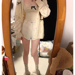 Hnewly FALL OUTFITS Coquette Cardigan Sweater Woman Kawaii Bow Hollow Out Knitted Tops Korean Fashion Sweet Preppy Cute Aesthetic Solid