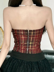 Hnewly rave inspo outfits Christmas Red Plaid Lace Trim Bandage Women’s Straps Tops Skinny Hotsweet Festive Atmosphere Blouses Fashion Trendy