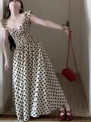 Hnewly French Elegance Polka Dot Dress New Summer Style Pleated Long Skirt with Waist Slimming and Graceful the dress black dress white dress
