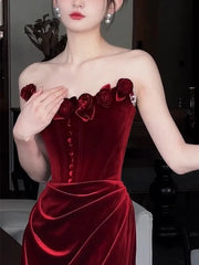Hnewly Toast Dress Engagement off-Shoulder Red Velvet Tube Top for Women