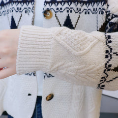 Hnewly Argyle Cardigan Sweaters Women Geometric Print Long Sleeve Button-up Knitted Coat Soft Knitwear Vintage Fall Winter Outfit