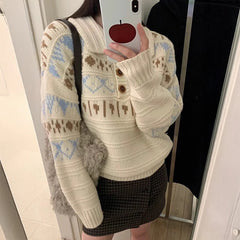 Hnewly Woman Fair Isle Sweater Polo Collar Button Front Cozy Knit Pullvers Jumper Female Autumn Winter Preppy Vintage Outfit