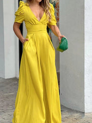 Hnewly Women New Solid Lime Green Jumpsuit Chic Deep V Neck Puff Sleeve Wide Leg High Waist Outfit Fashion Party Wear Jumpsuits