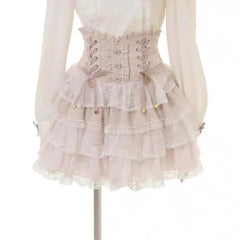 Hnewly Japanese High Waist Drawstring Slim Cute Sweet Lolita Skirt Women Multi-Layer Lace Bow Cake Skirts Summer Pleated Skirt