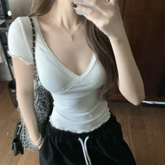 Lunivop Summer Fashion Lace V Neck Ruffle Short Sleeve Shirts American Subcultural Print Slim Waist Y2k Aesthetic Tops Harajuku Tees
