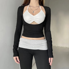Hnewly y2k Fairycore Tops Women Clothing Contrast Color V Neck Long Sleeve Halter Neck T Shirts 2000s Clothes Streetwear