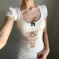 Hnewly Cute Animal Print Crop Top Bow Stitching Square Collar Short Sleeve T-shirt Women Vintage White Skinny Knitted Tee Summer