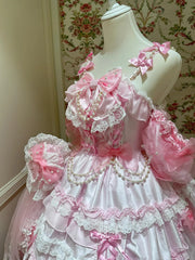 Hnewly Pink Sweet Lolita Evening Dresses for Women Girls Cute Bow Lace Pearl Chain Sling Dress JSK Princess Birthday Party Dres