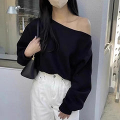 Hnewly Spring and autumn pure color hoodie female temperament a line neck shoulder loose casual short long sleeve hoodie
