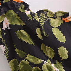 Lunivop Retro French Black with Green Leaves Floral Print Mini Dress Sexy Women Wood ear Ruffles Hem Tide Bow Strap Sling Holiday Robe