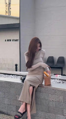 Hnewly Women's Spicy Girl Design Sense Pure Desire Knitted Shirt 90S Street Shoot Show Thin Split Fold Half Body Work Dress Set Top